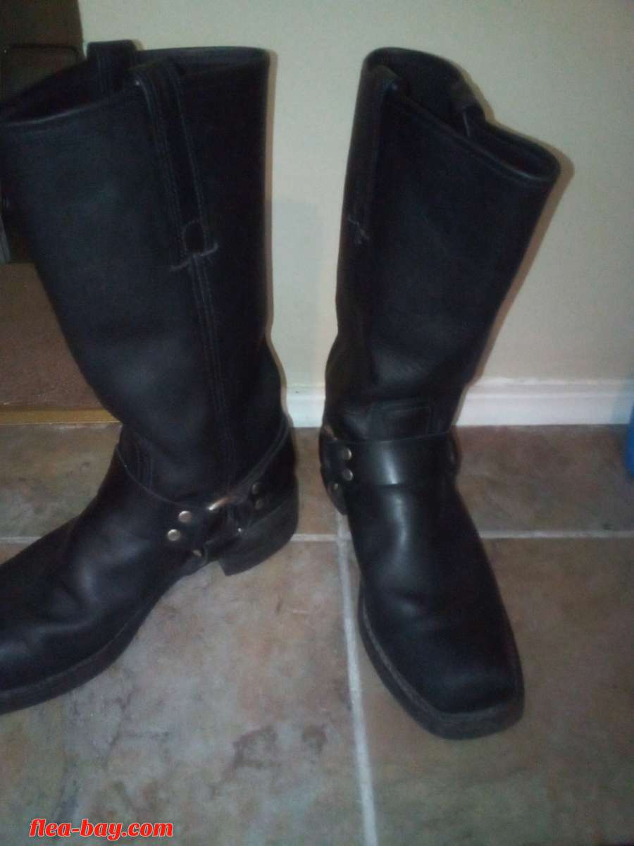 genuine black leather biker boots with harness accents