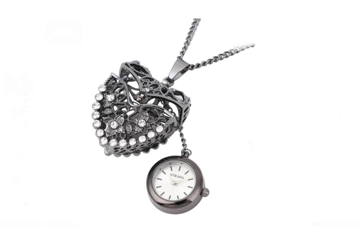 Unique STRADA pendant watch necklace in black silver, 30"