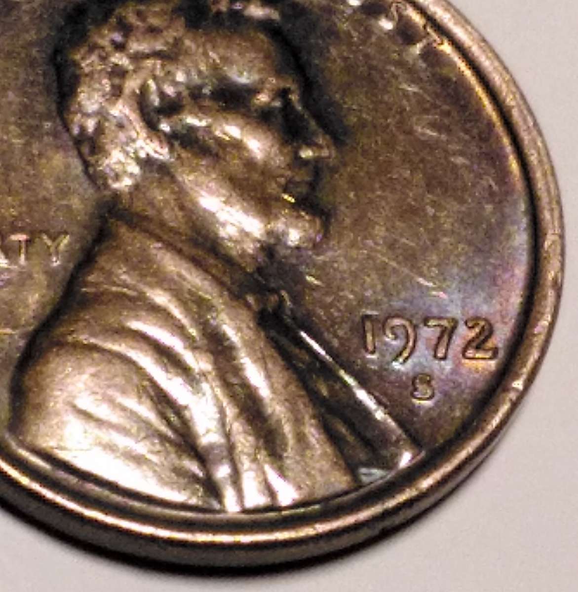 1972 S PENNY W/Rainbow tone and slight doubling.