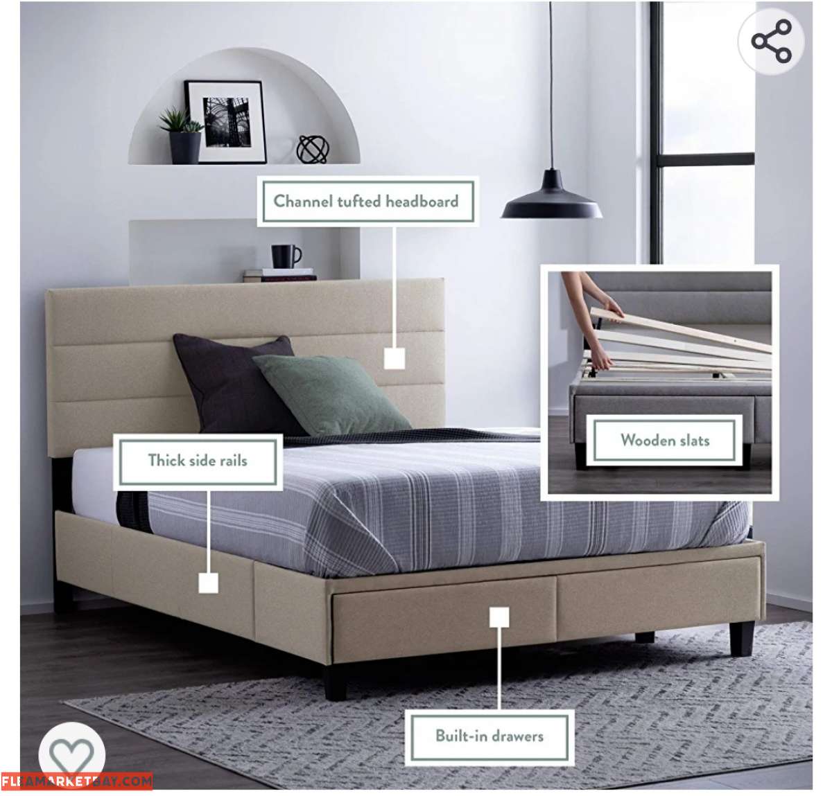 King Size Upholstered Bed Builtin DrawersModern Channel Tuft