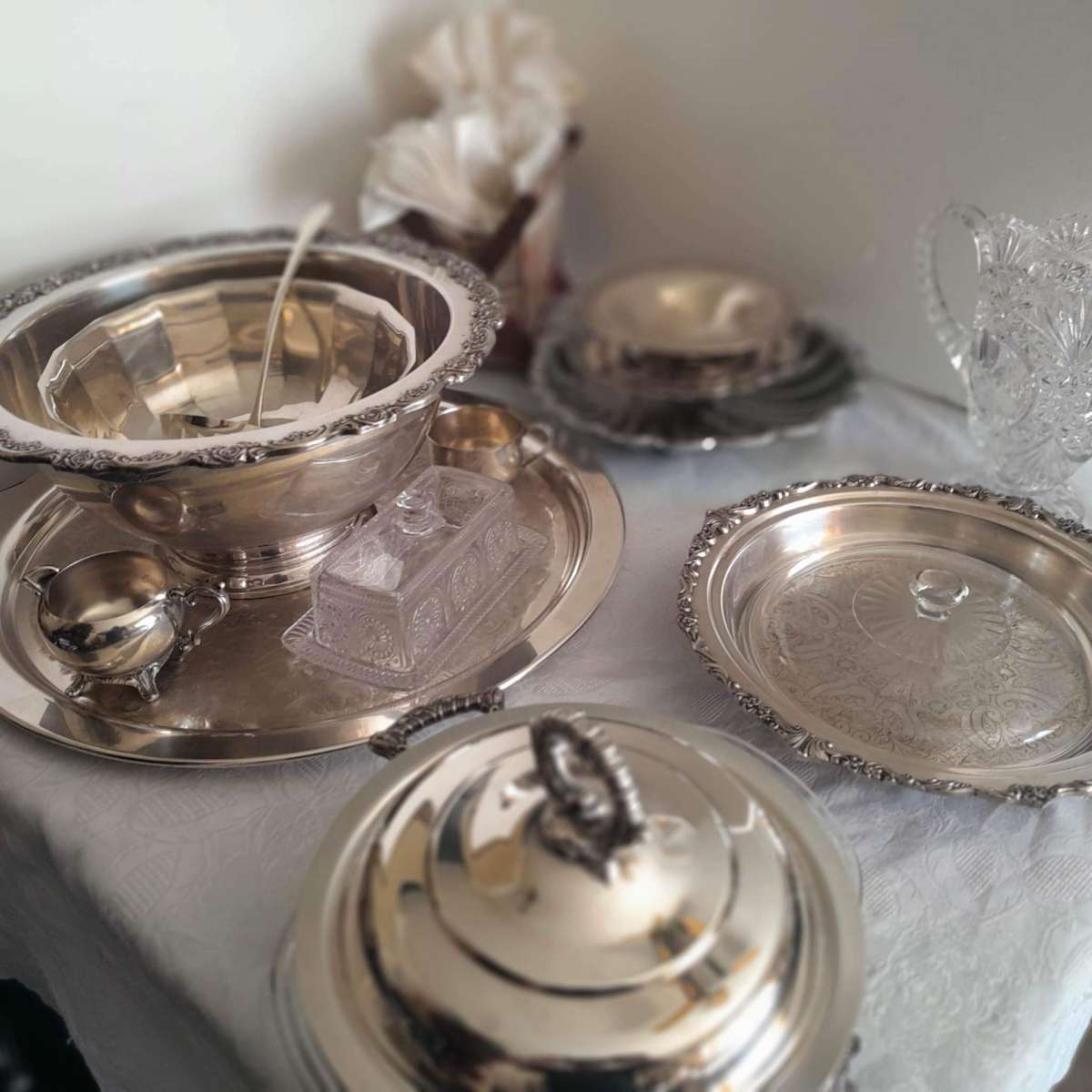 Silver Serving Set With Punch Bowl with alot of pieces
