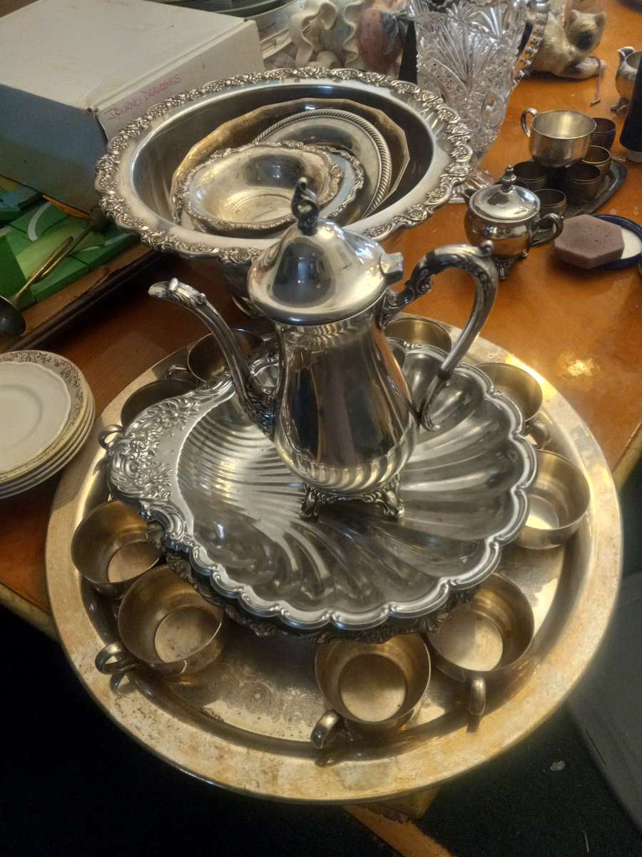 Silver Serving Set With Punch Bowl with alot of pieces