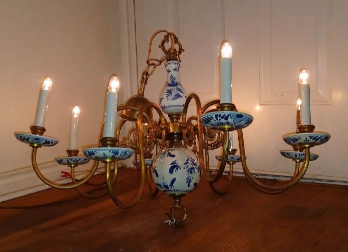 Vintage Blue Deft 8 Arms Chandelier it Works Used As Is