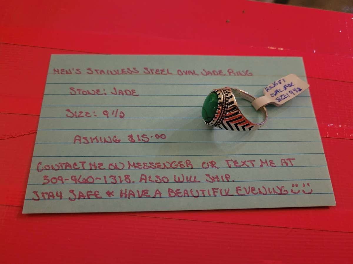 Stainless Steel Mens Oval Jade Ring