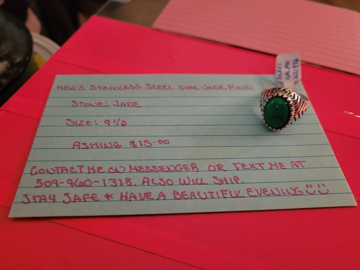 Stainless Steel Mens Oval Jade Ring