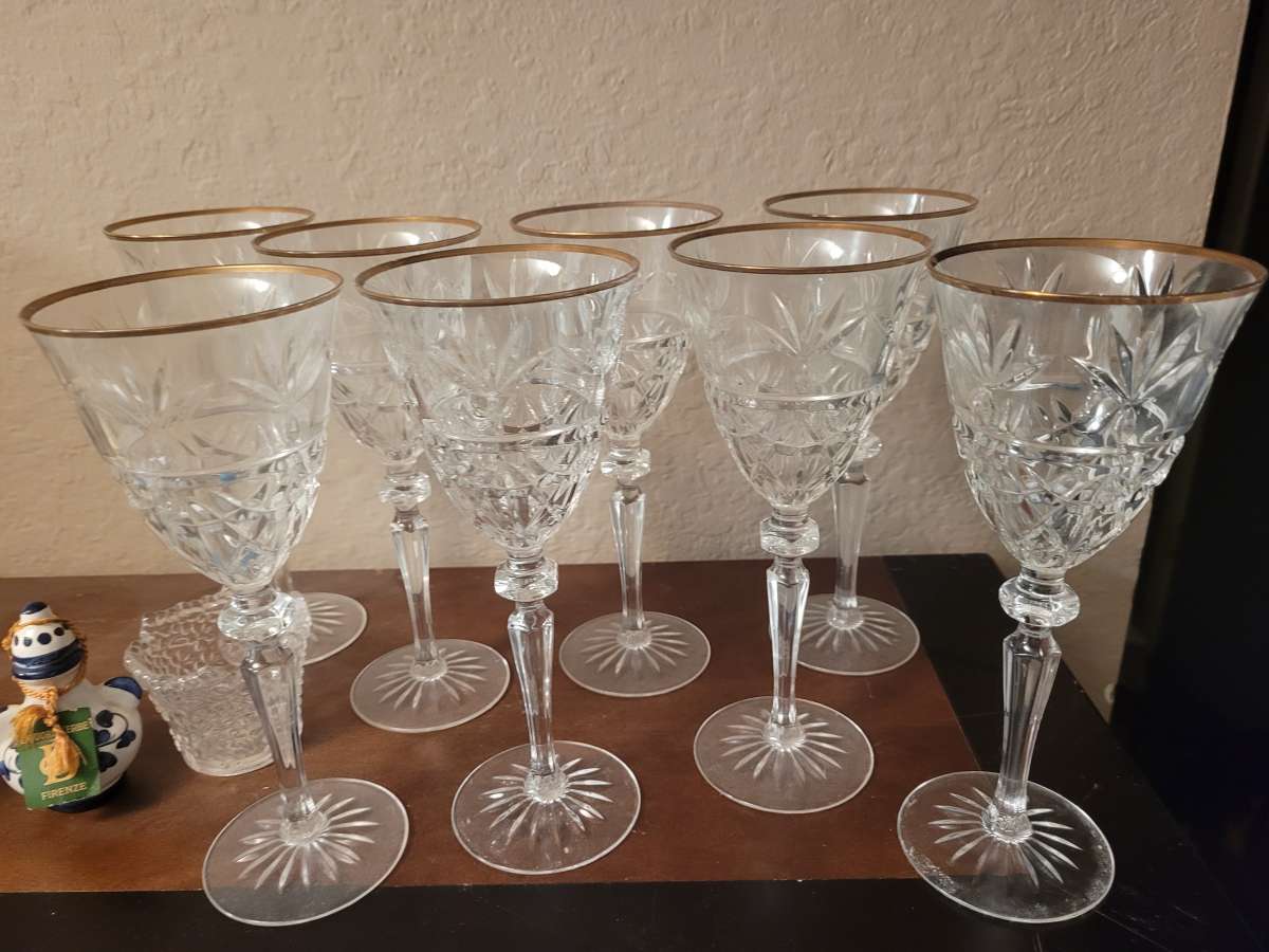 Set of 8 24K Gold Rim Cut Heavy Crystal Stemware