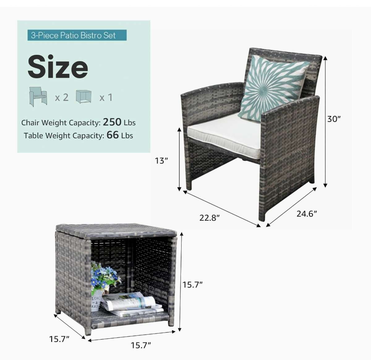 3pc outdoor patio set gray wicker with cream color cushion