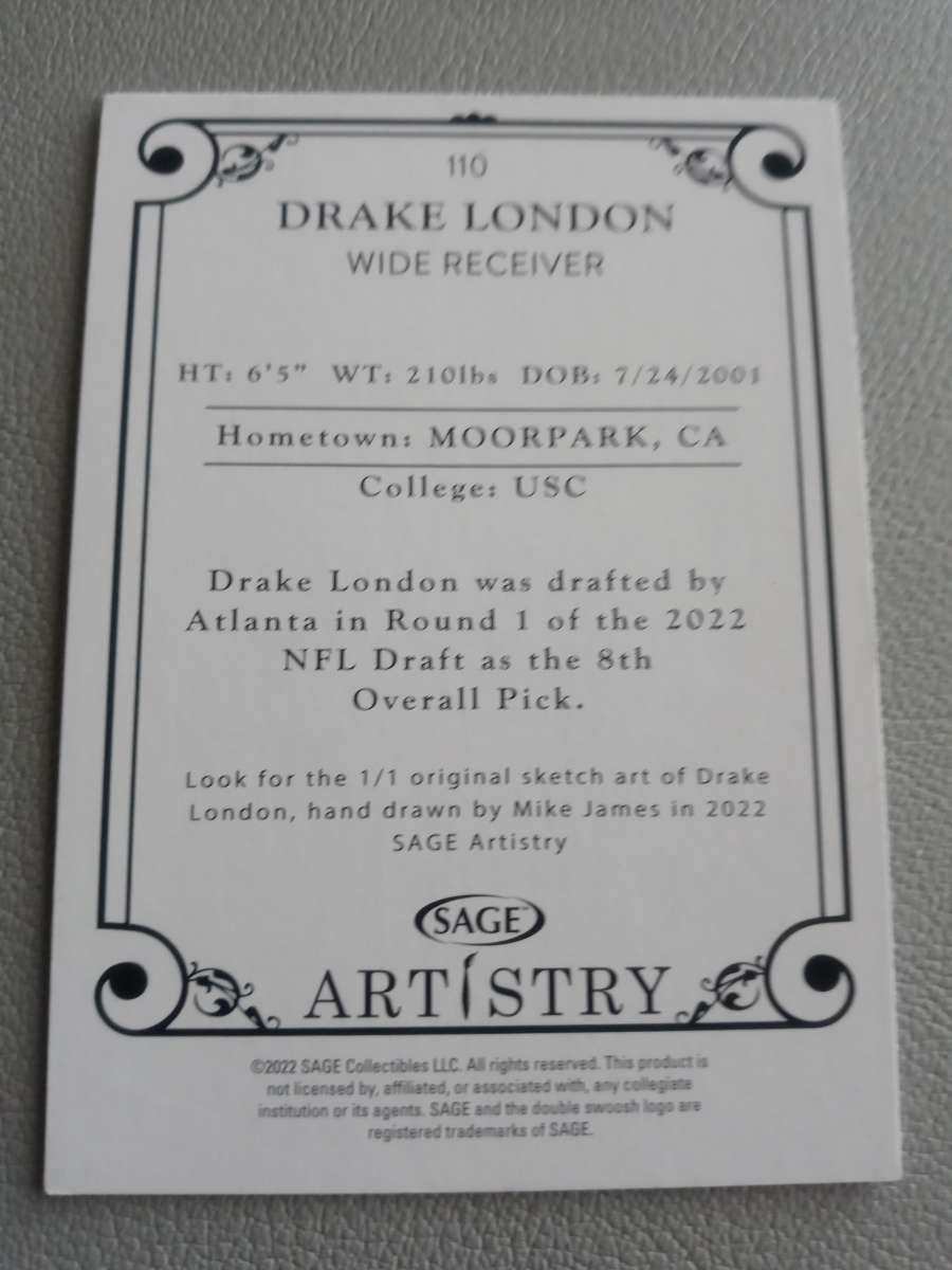 2022 SAGE ARTISTRY  DRAKE LONDON RC CARD