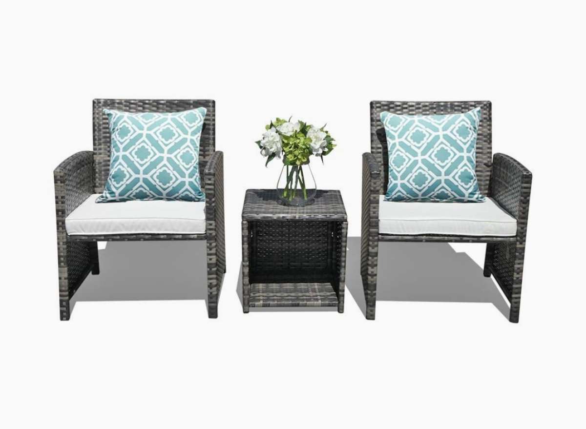 3pc outdoor patio set gray wicker with cream color cushion
