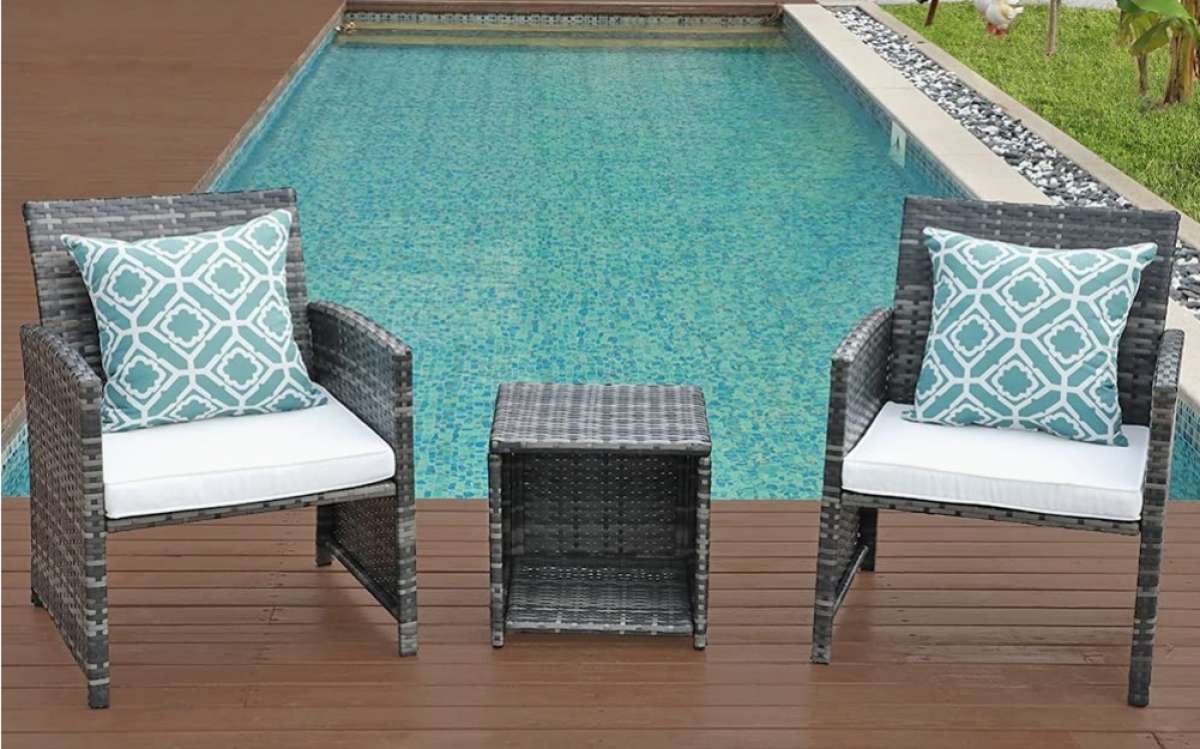 3pc outdoor patio set gray wicker with cream color cushion