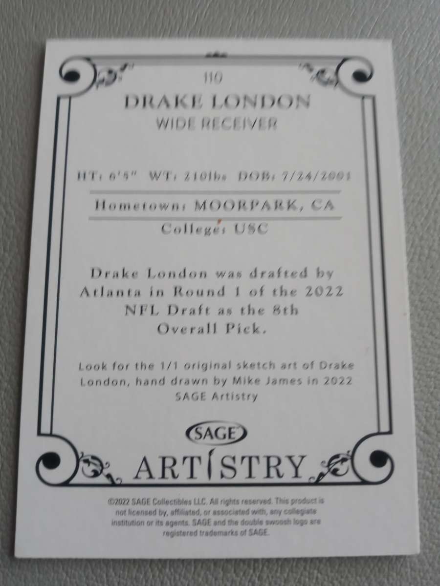 2022 SAGE ARTISTRY  DRAKE LONDON 110  RC ROOKIE CARD