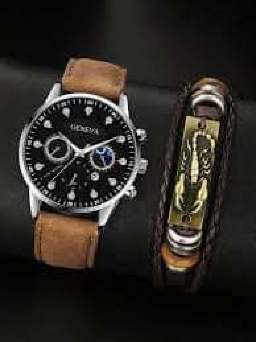 25 1pc Mens Casual Calendar Quartz Watch  1pc Braided Bracel