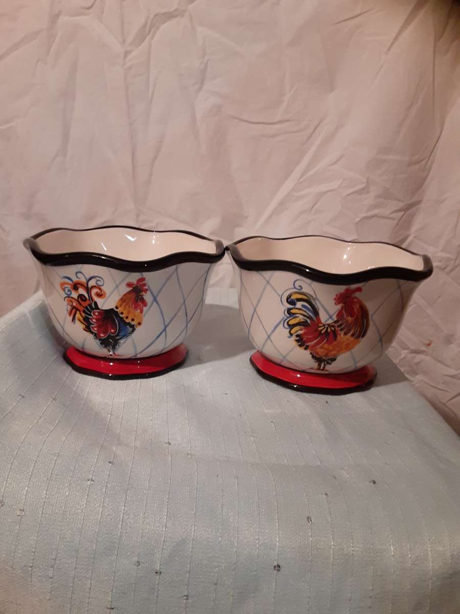 a set of two rooster bowls