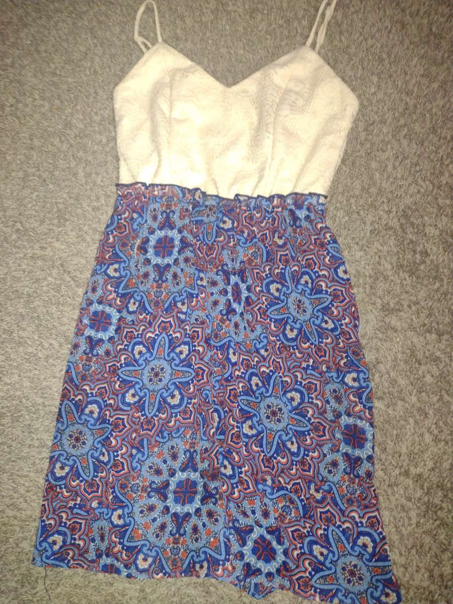 cream white and blue dress