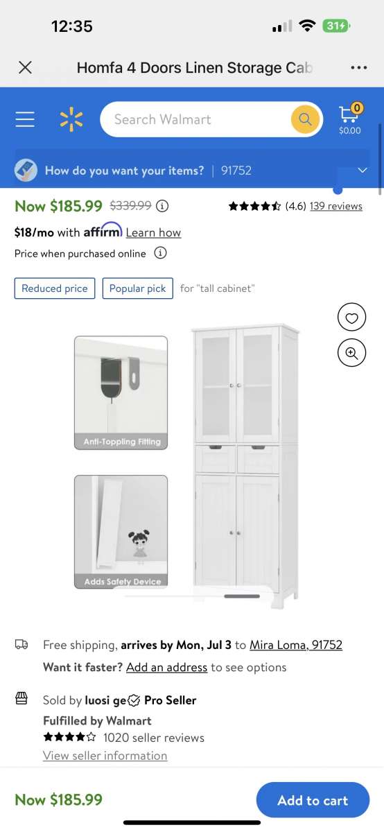 4 Doors Linen Storage Cabinet 3Tier Wood Tall Cabinet Cupboa