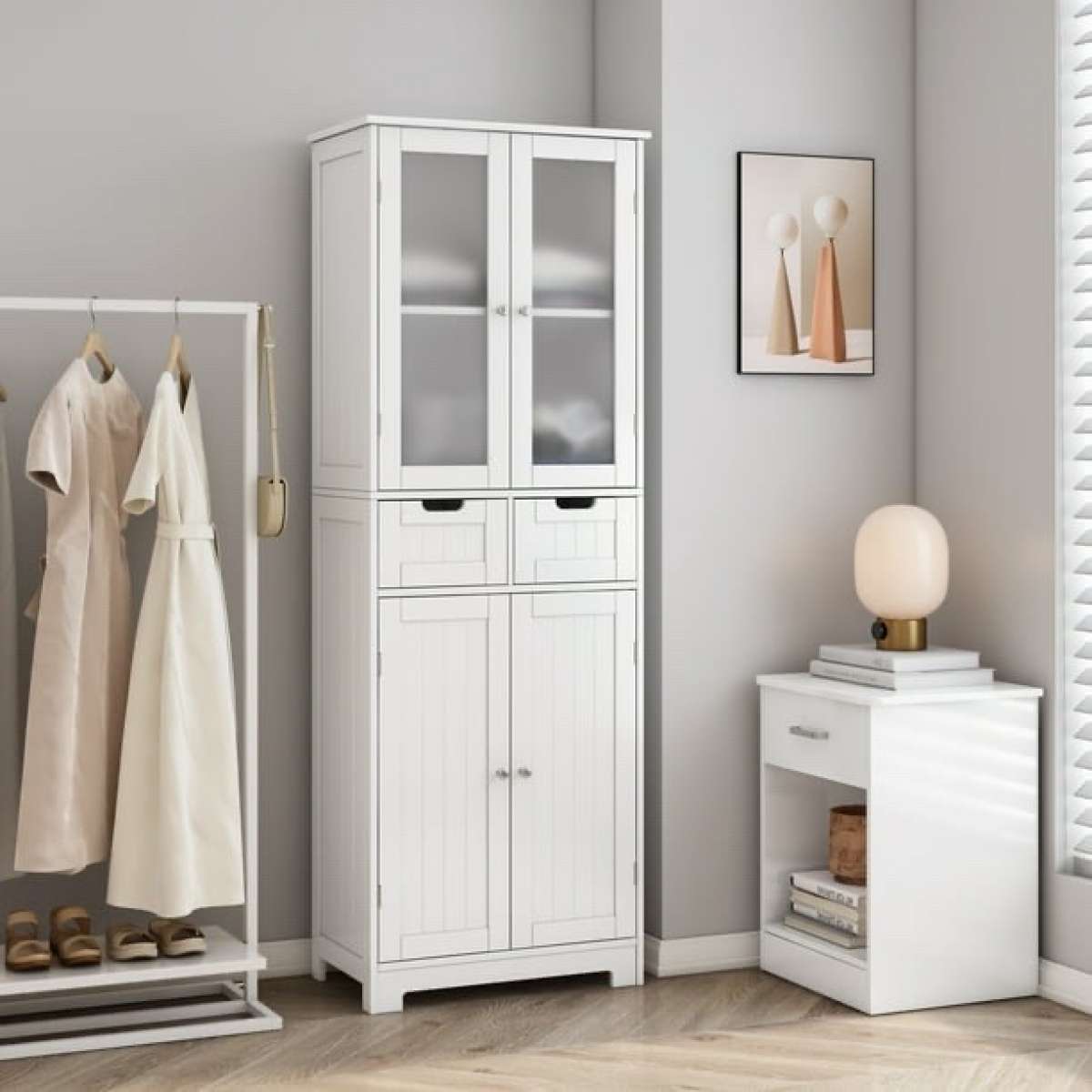 4 Doors Linen Storage Cabinet 3Tier Wood Tall Cabinet Cupboa