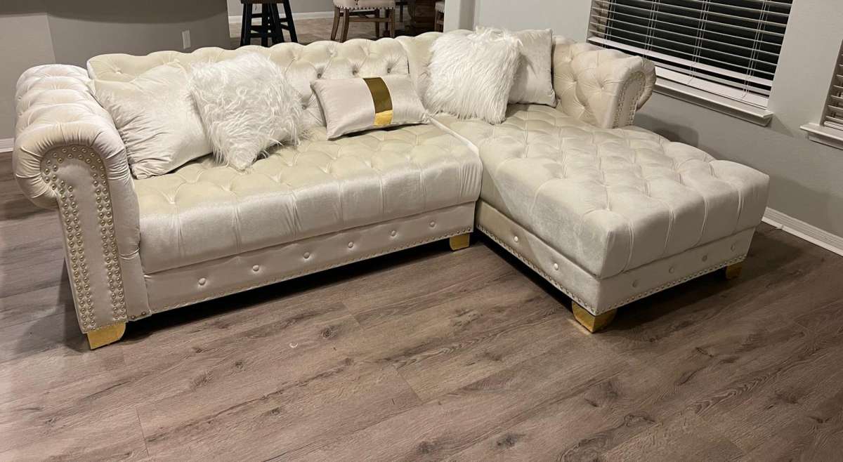 Yaz Cream Sectional with gold legs we have delivery  today 4