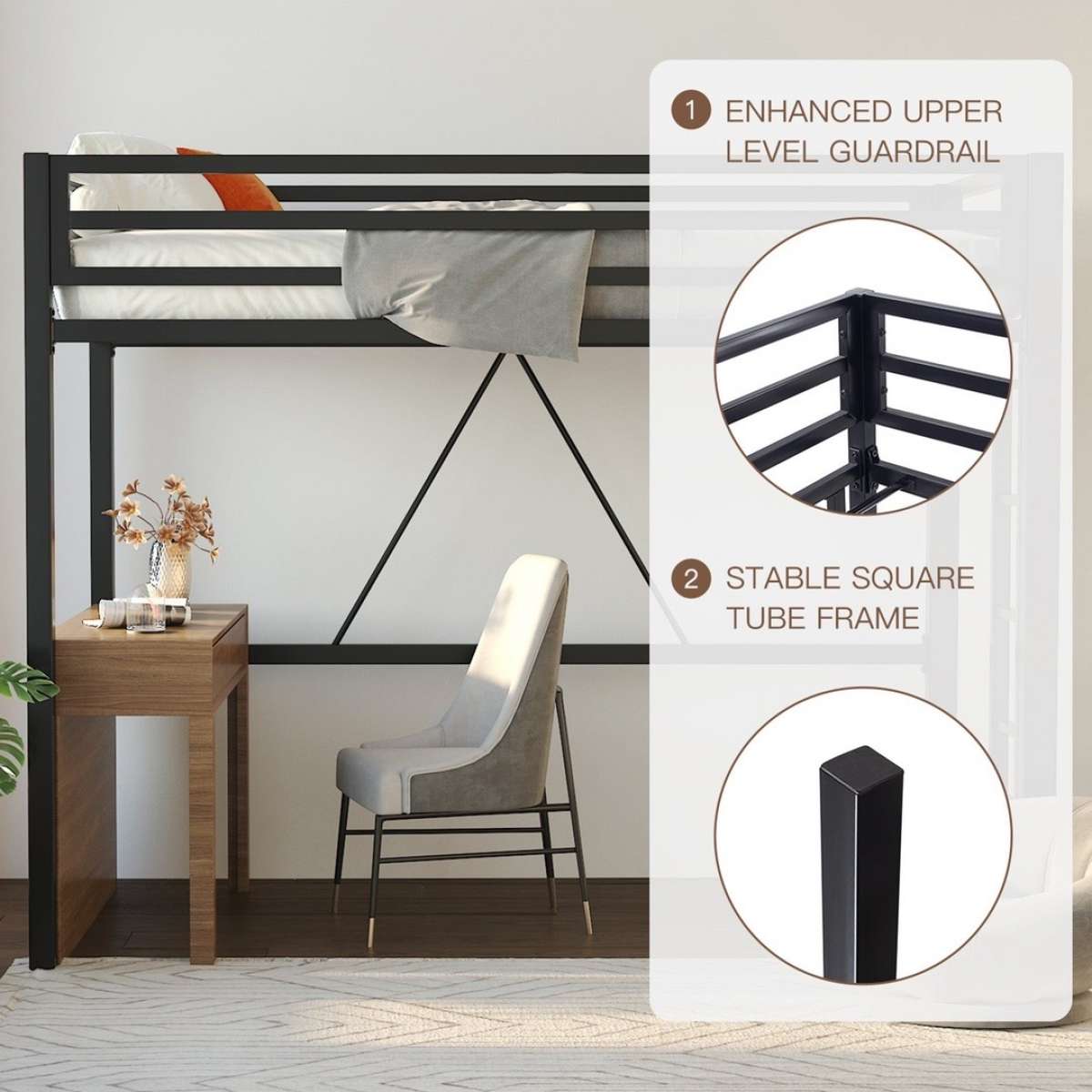 Metal Twin Loft Bed Frame for Kids  Teens with Safety Guardr