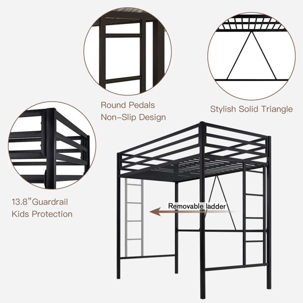 Metal Twin Loft Bed Frame for Kids  Teens with Safety Guardr