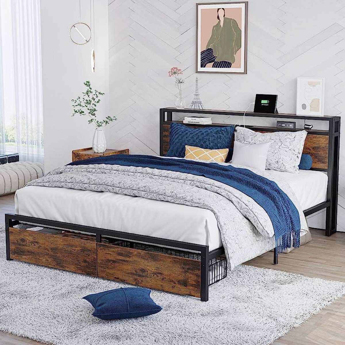 Full Size Bed Frame with Storage Drawers Platform Bed with H