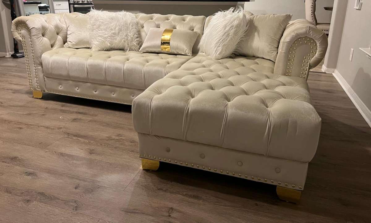 Yaz Cream Sectional with gold legs we have delivery  today 4