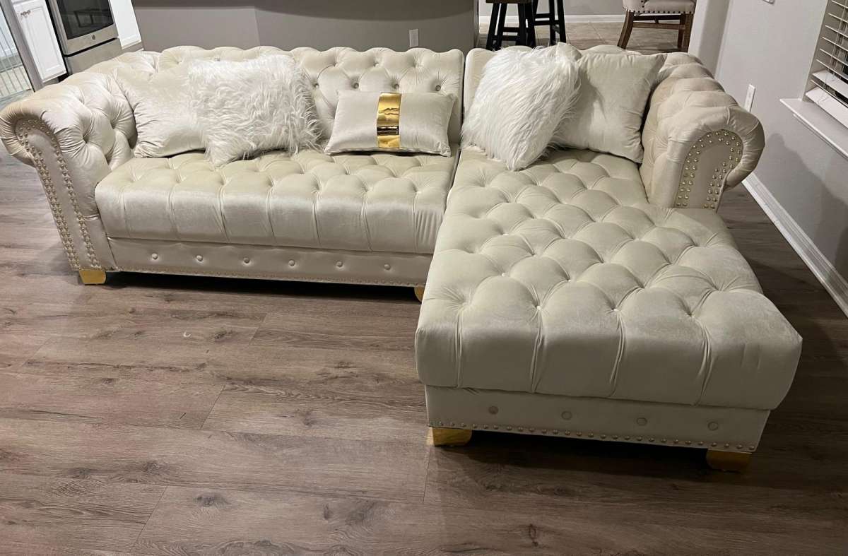 Yaz Cream Sectional with gold legs we have delivery  today 4