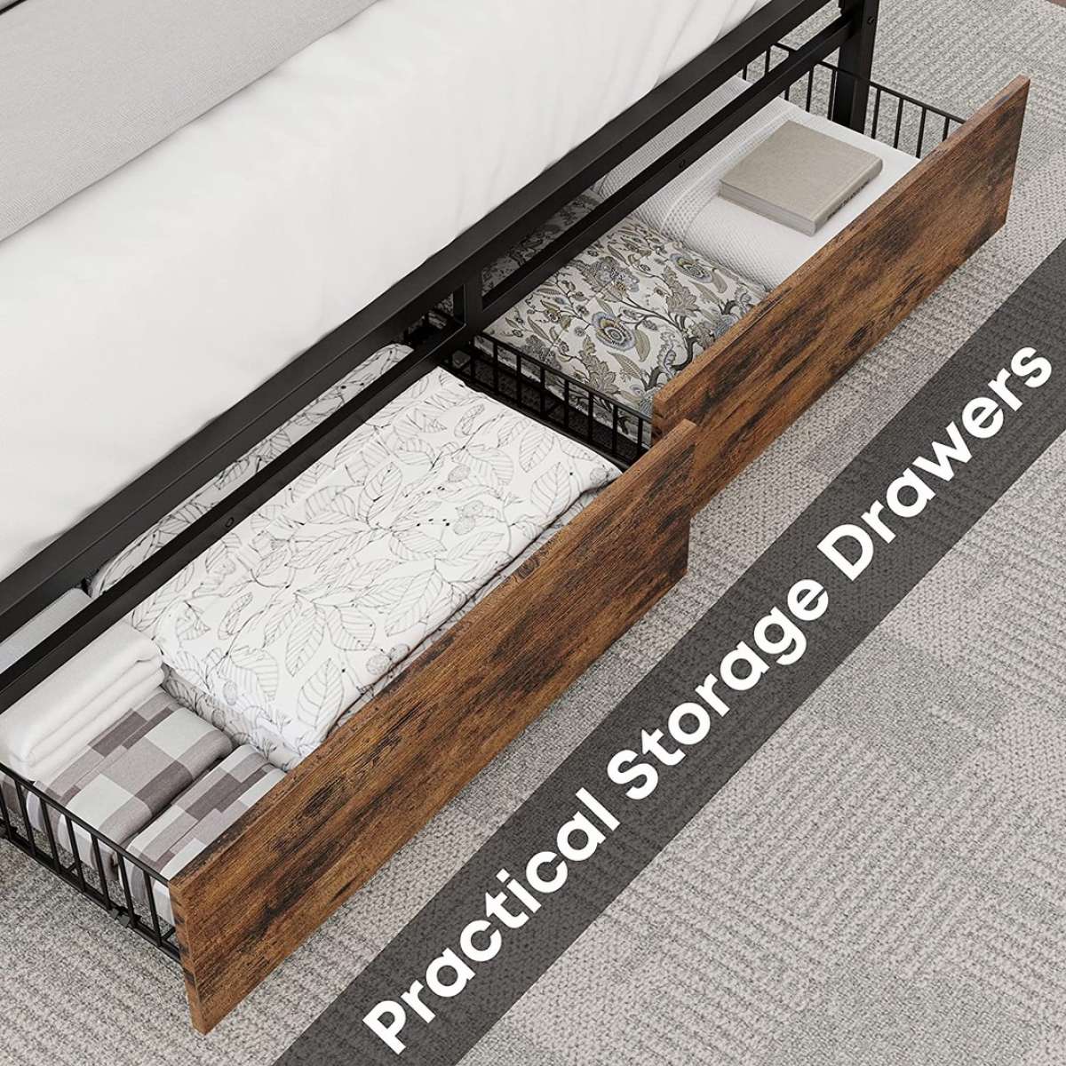 Full Size Bed Frame with Storage Drawers Platform Bed with H