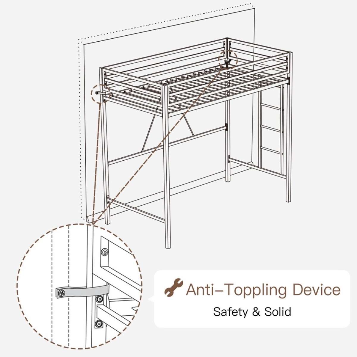 Metal Twin Loft Bed Frame for Kids  Teens with Safety Guardr