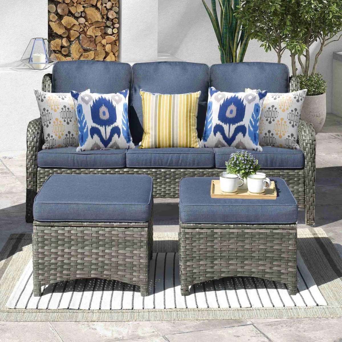 Outdoor Couch 3Piece with Ottoman Kenard Curved Handres