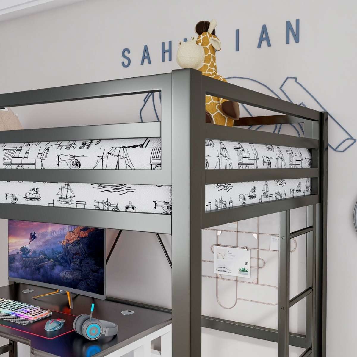 Metal Twin Loft Bed Frame for Kids  Teens with Safety Guardr