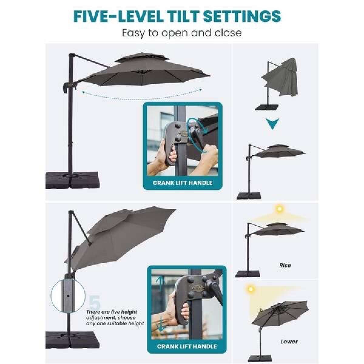 10FT Round Cantilever Patio Umbrella Double Top Roating Outd