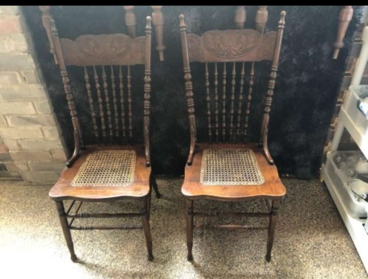 vintage Amish press back high chairs with cane seats 2