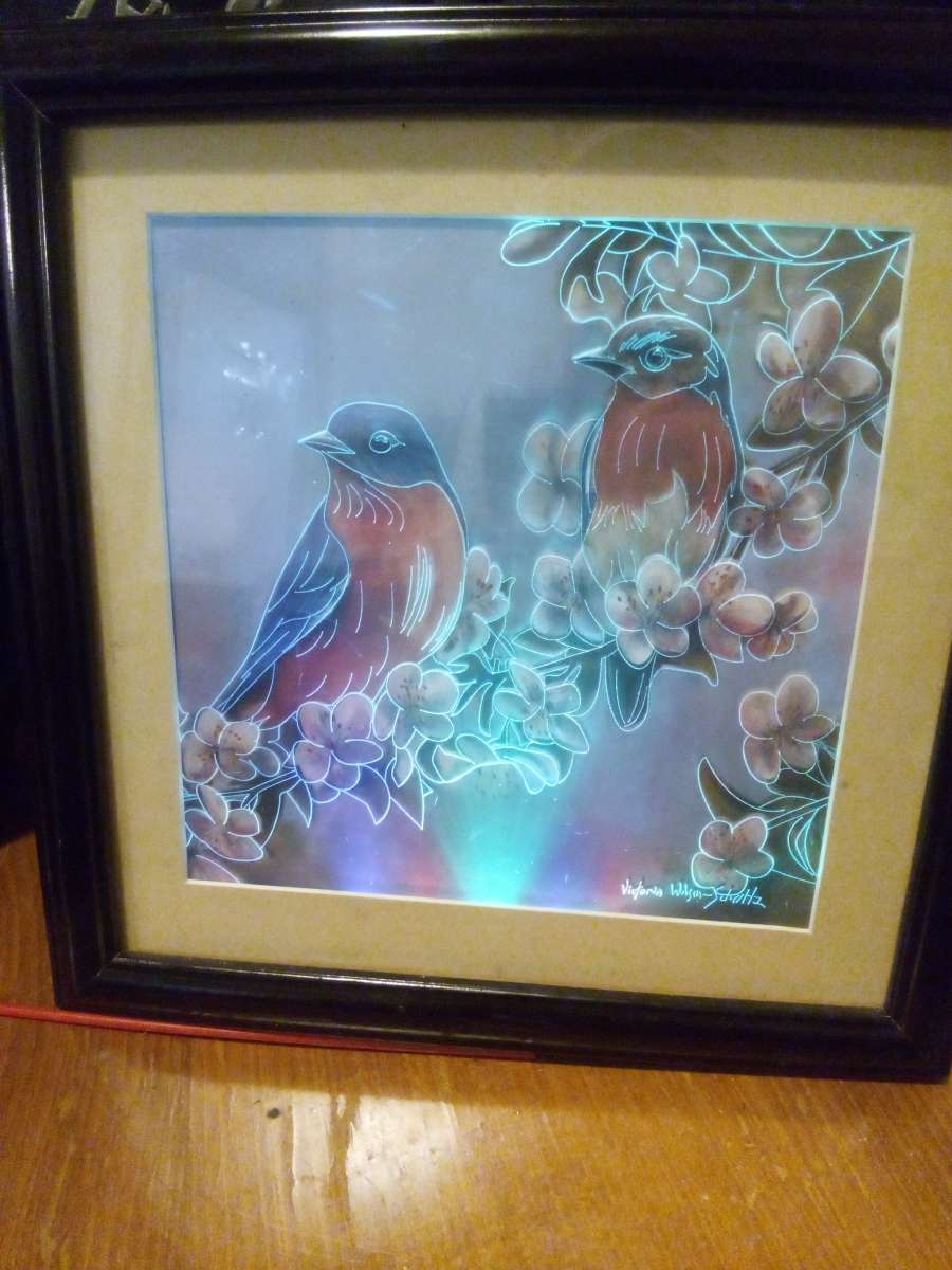 framed picture of two birds with LED lighting