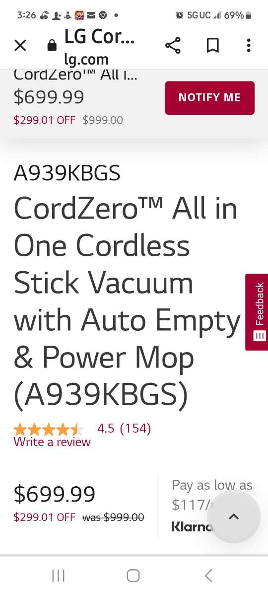 LG cord zero all in one stick vacuum with power mop