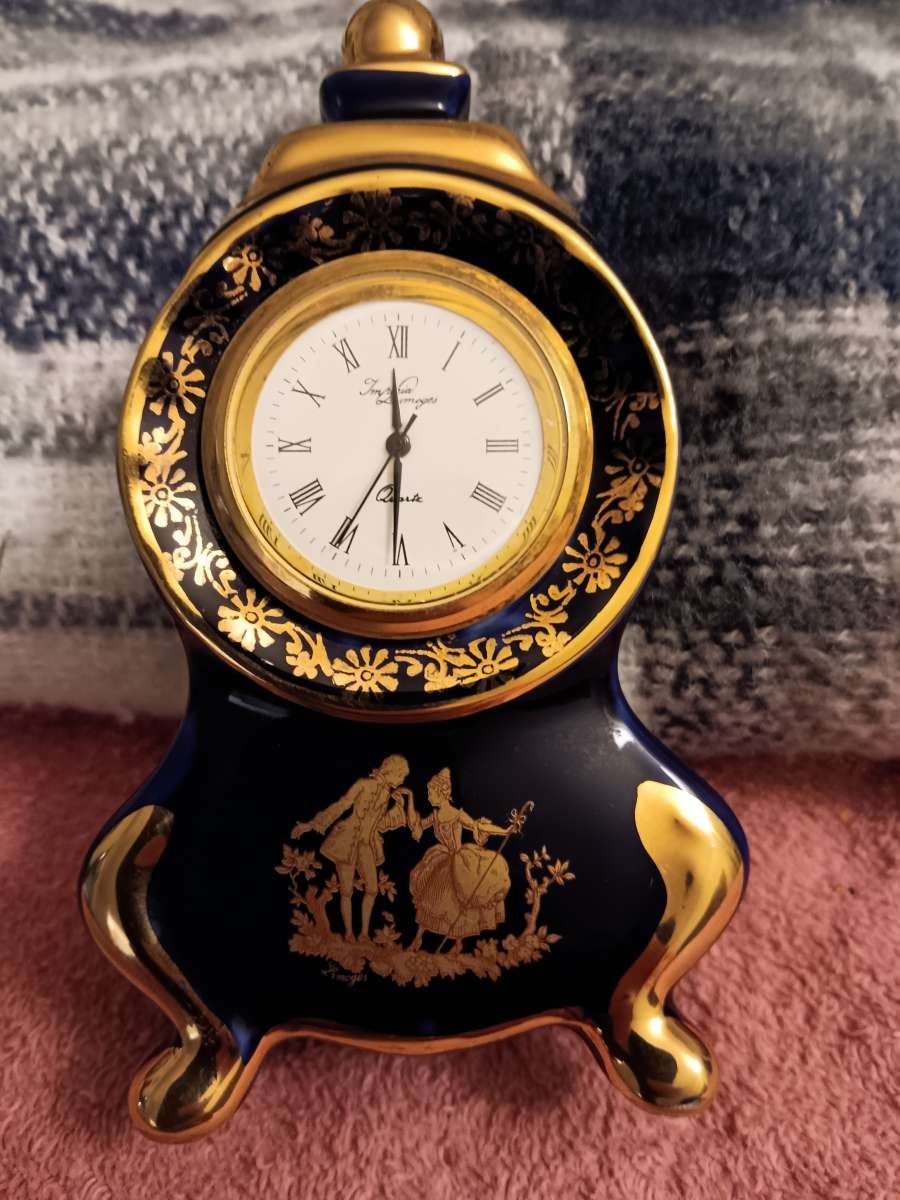 porcelain imperial limoges 22k gold and blue mantle clock