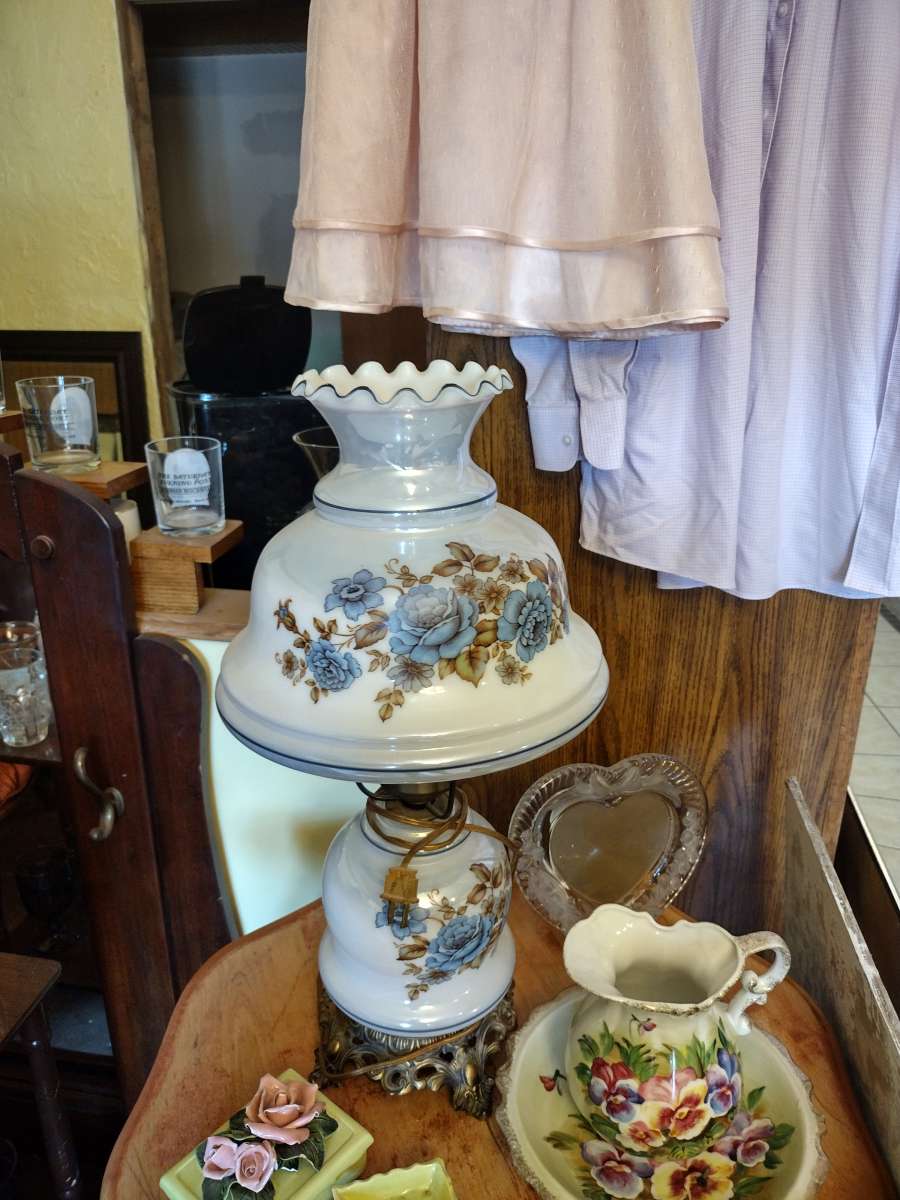 vintage white lusterware blue roses