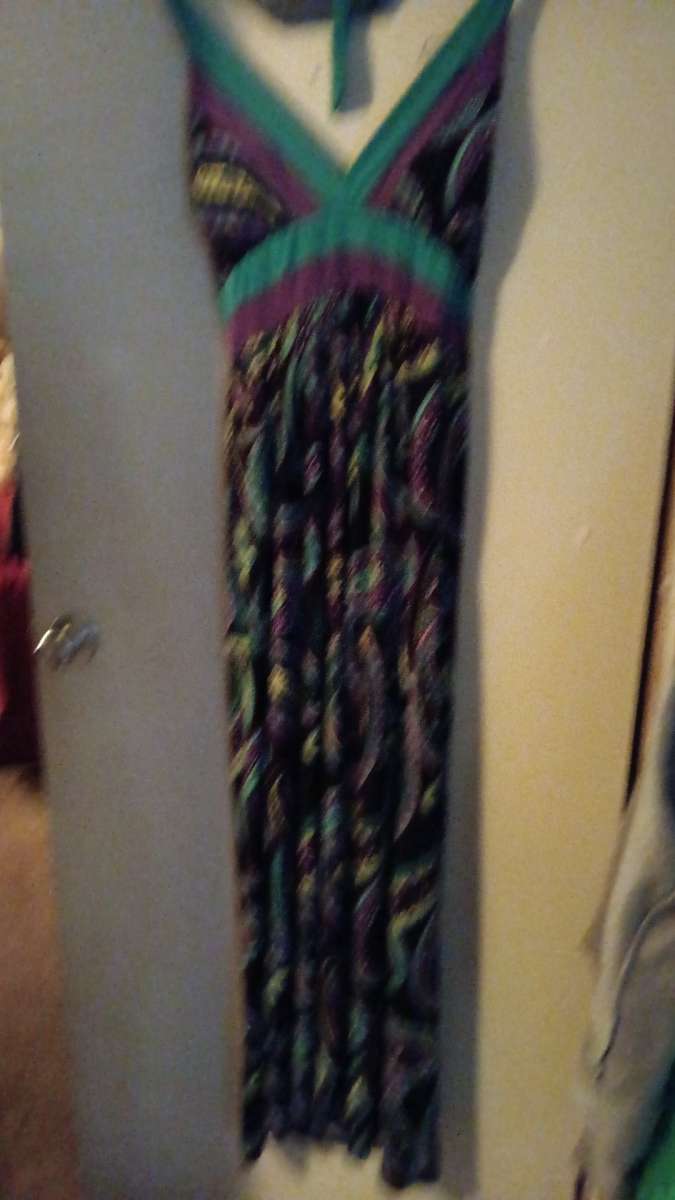 wild print halter top sundress of purples greens and blues