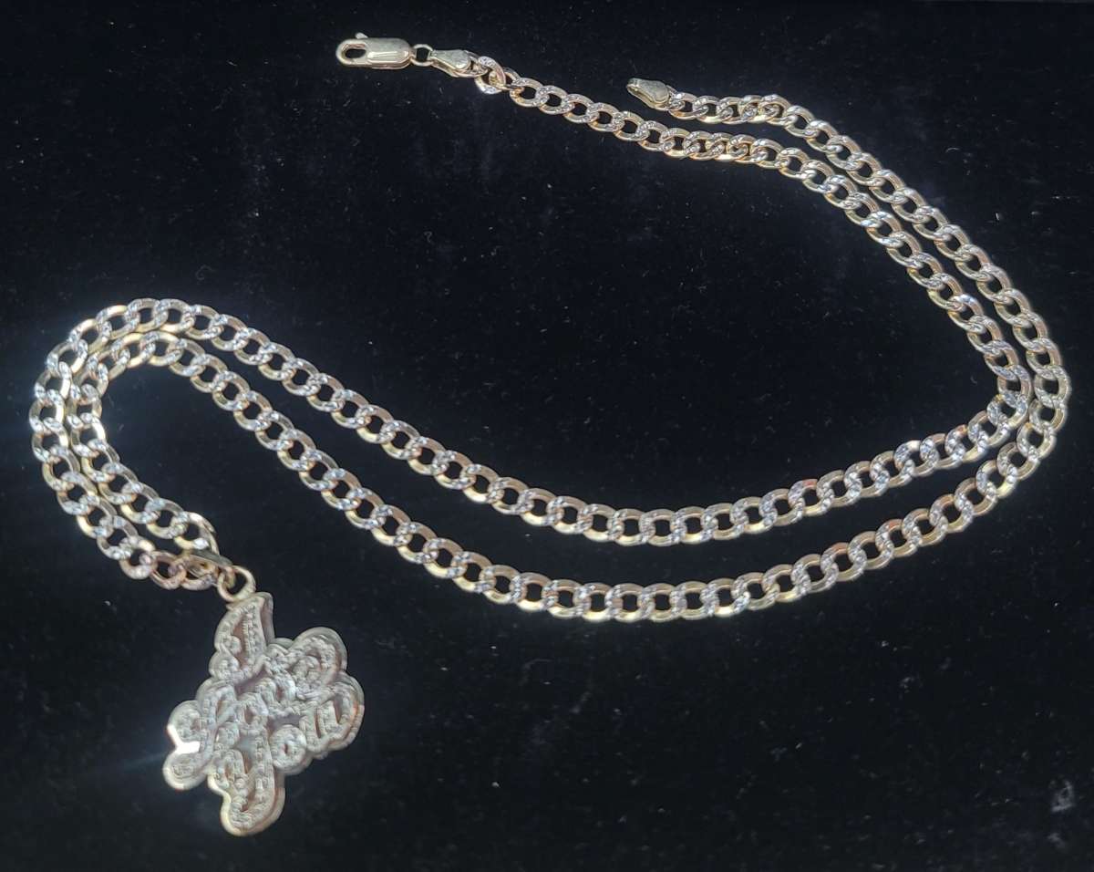 14K Gold Chain Hollow Cuban W Love Charm 114 Grams 22