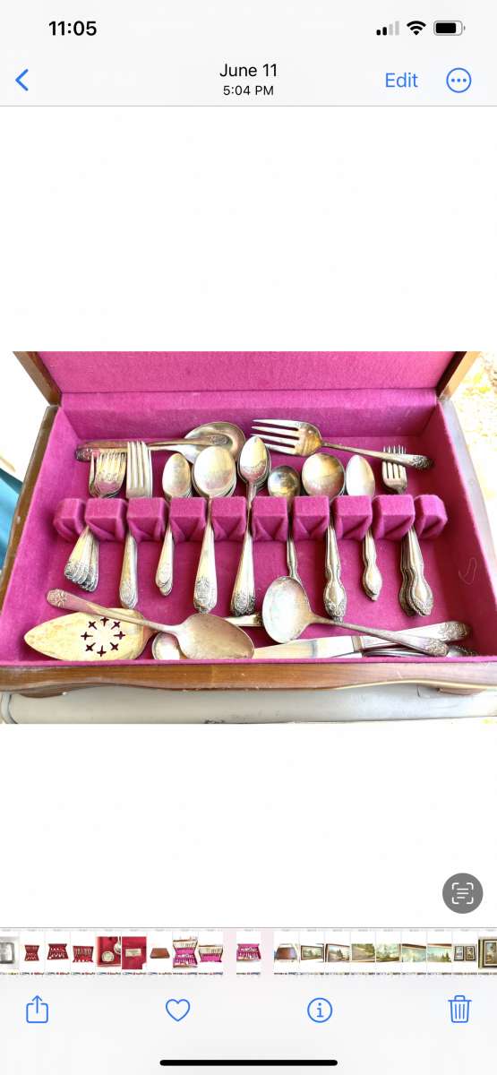 Antique triple dipped silver plated silver ware sets in wood