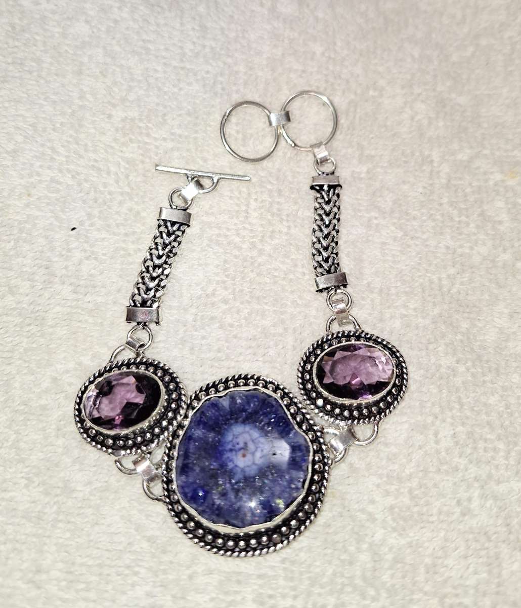925 silver solar druzy and amethyst bracelet