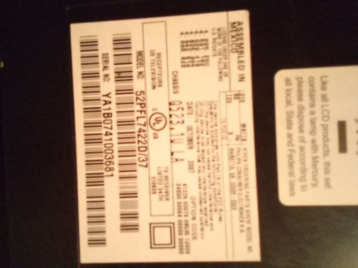 Philips tv Model number 52PFL7422D37