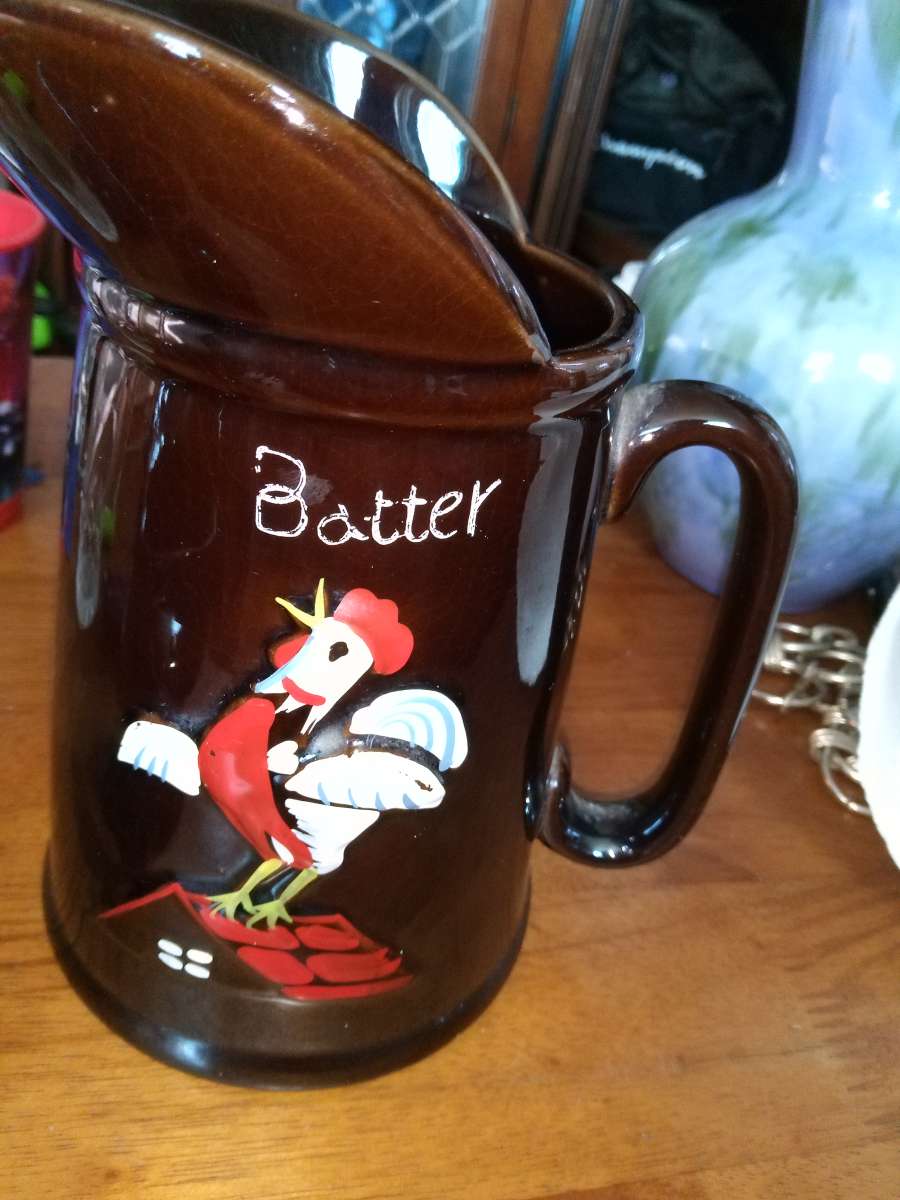 Redware Rooster decor Batter and Butter Pitchers