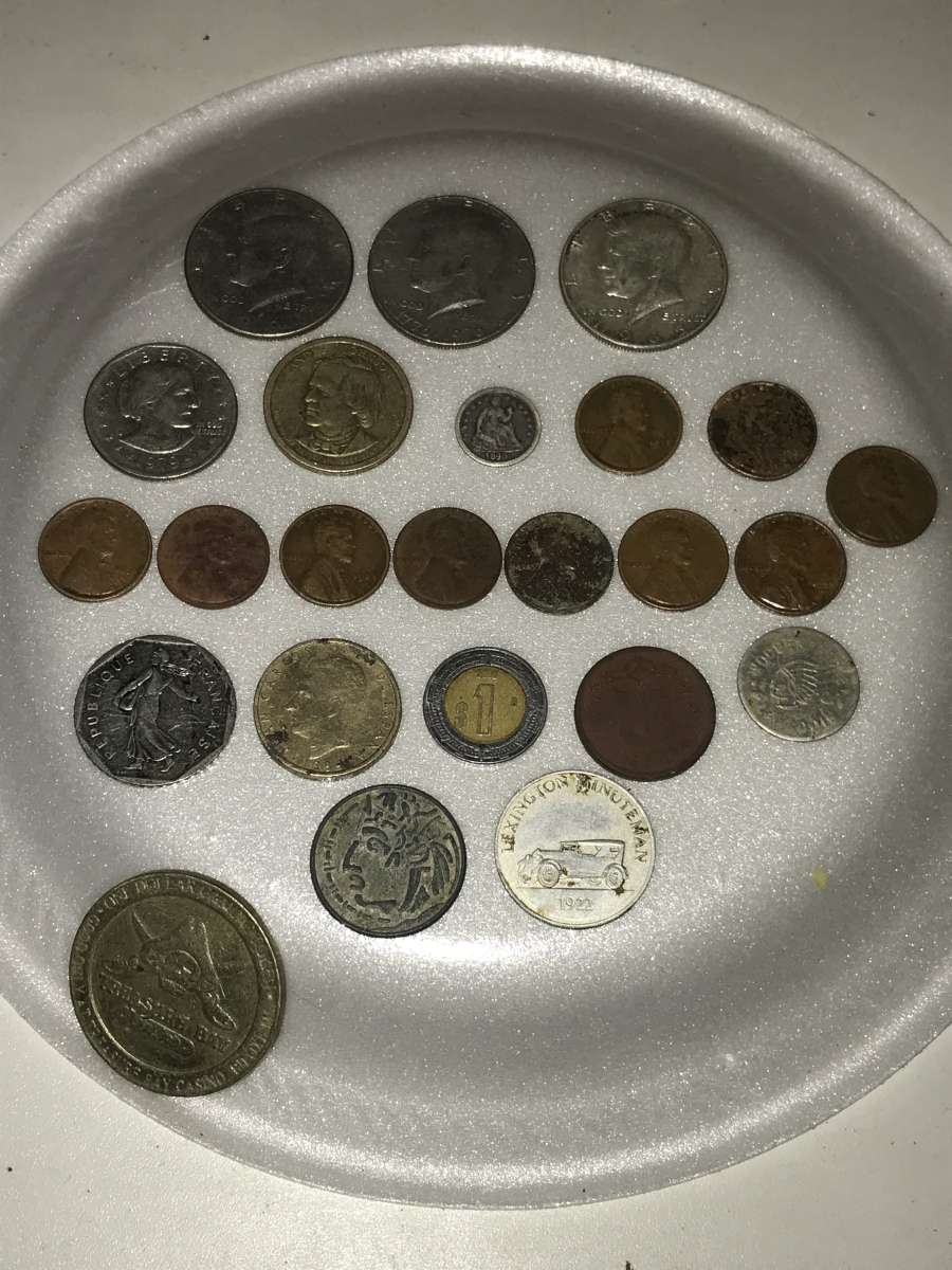 u s coins and foreign coins and tokens and button with shank
