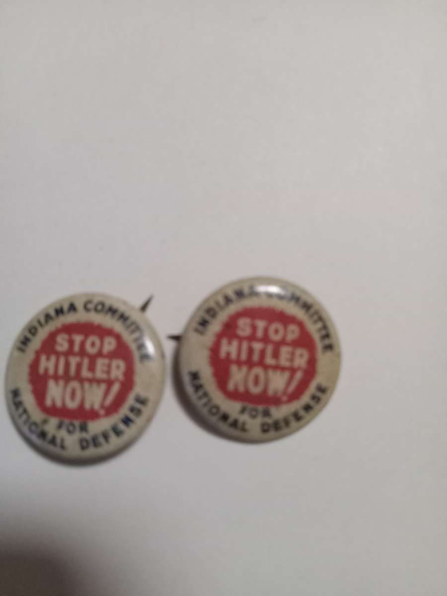 antique stop Hitler pinback buttons  two