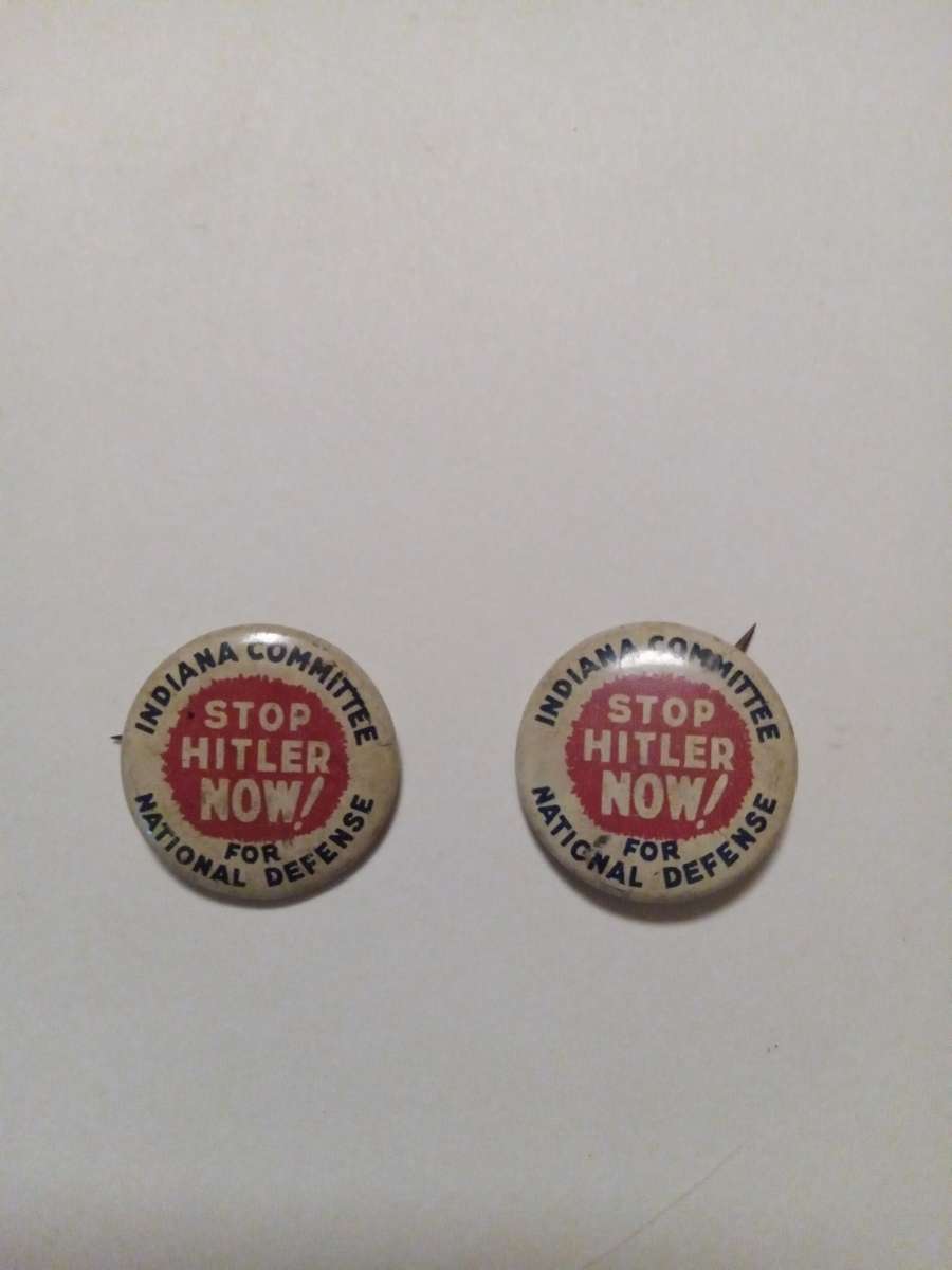 antique stop Hitler pinback buttons  two