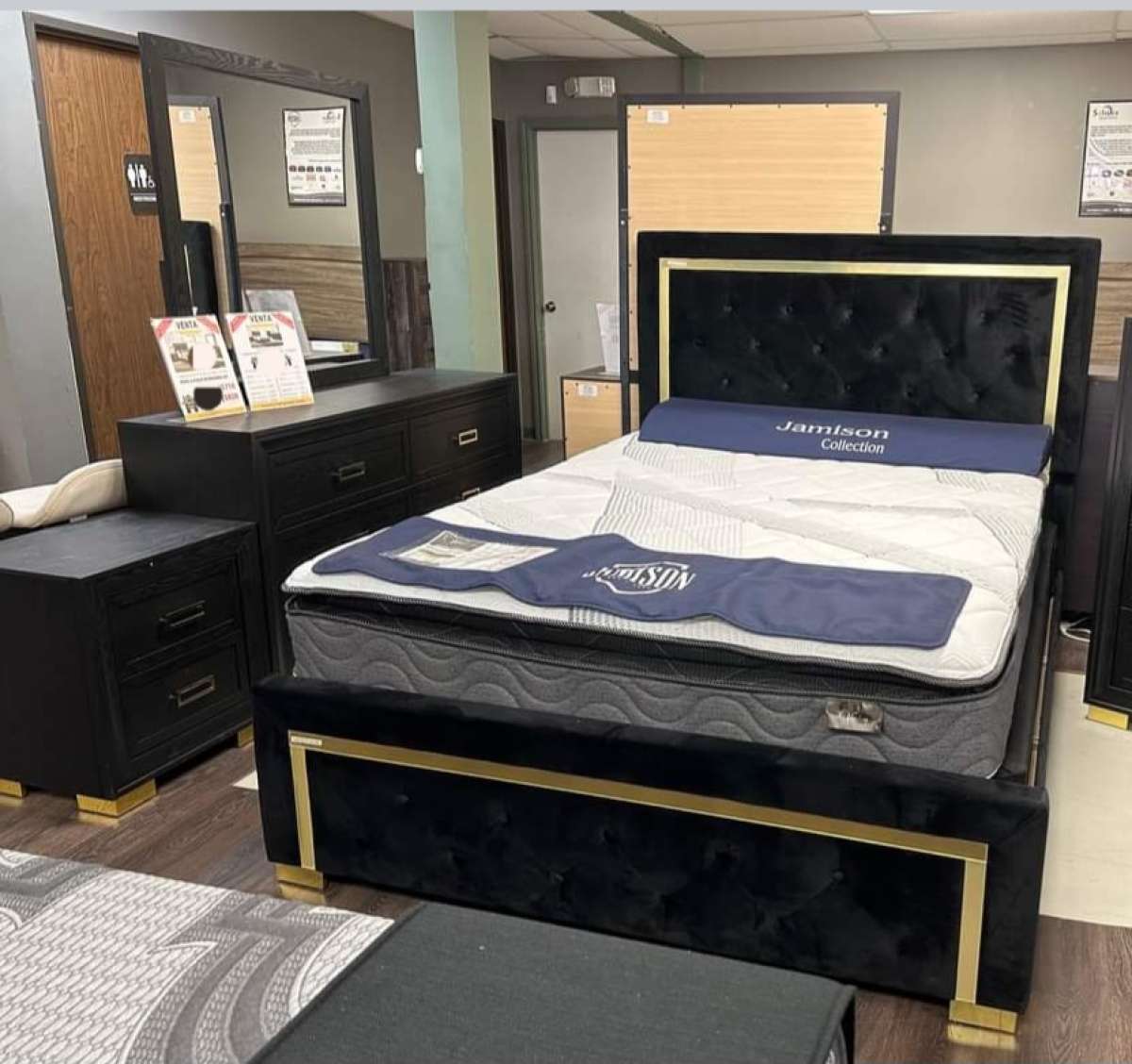 Black gold Panel bedroom set Dresser Mirror NightStand bed