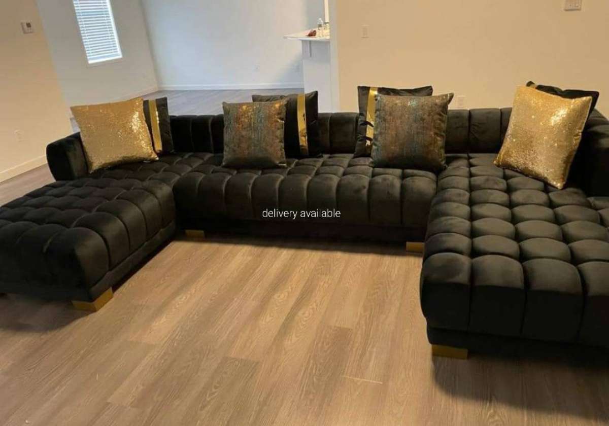 Black Velvet Double Chaise Sectional seccional large couch