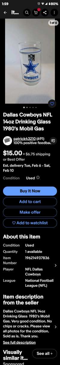 Collectable Dallas Cowboys 1 pint Glass