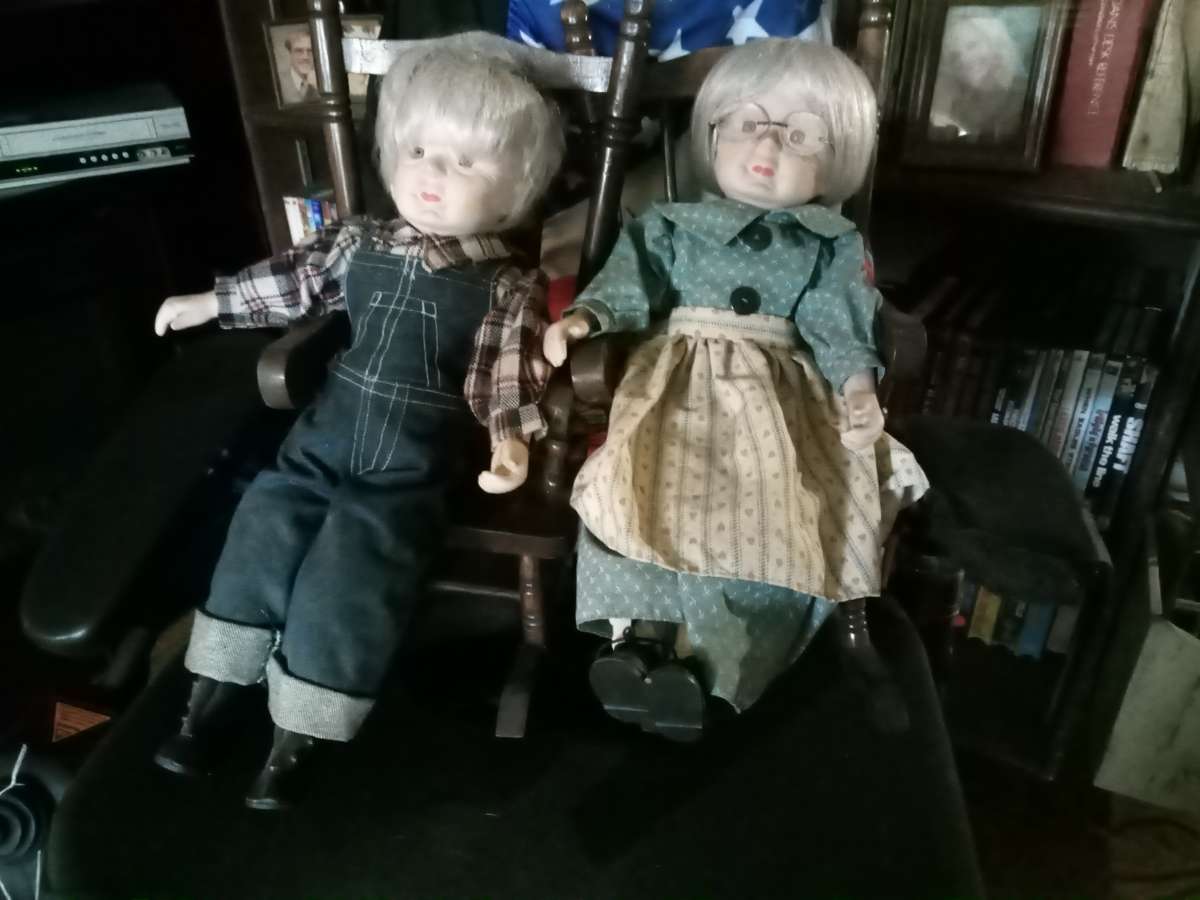 Vintage Porcelain Grandama  GrandpaDolls in Wooden Rocking C