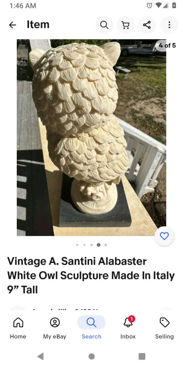 Alabaster carved figurine white owl w red eyes